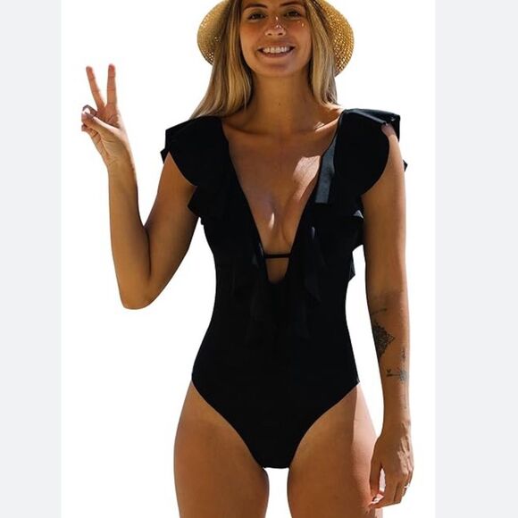 Sporlike Black Ruffled One Piece Swimsuit Sz Small - Picture 1 of 4